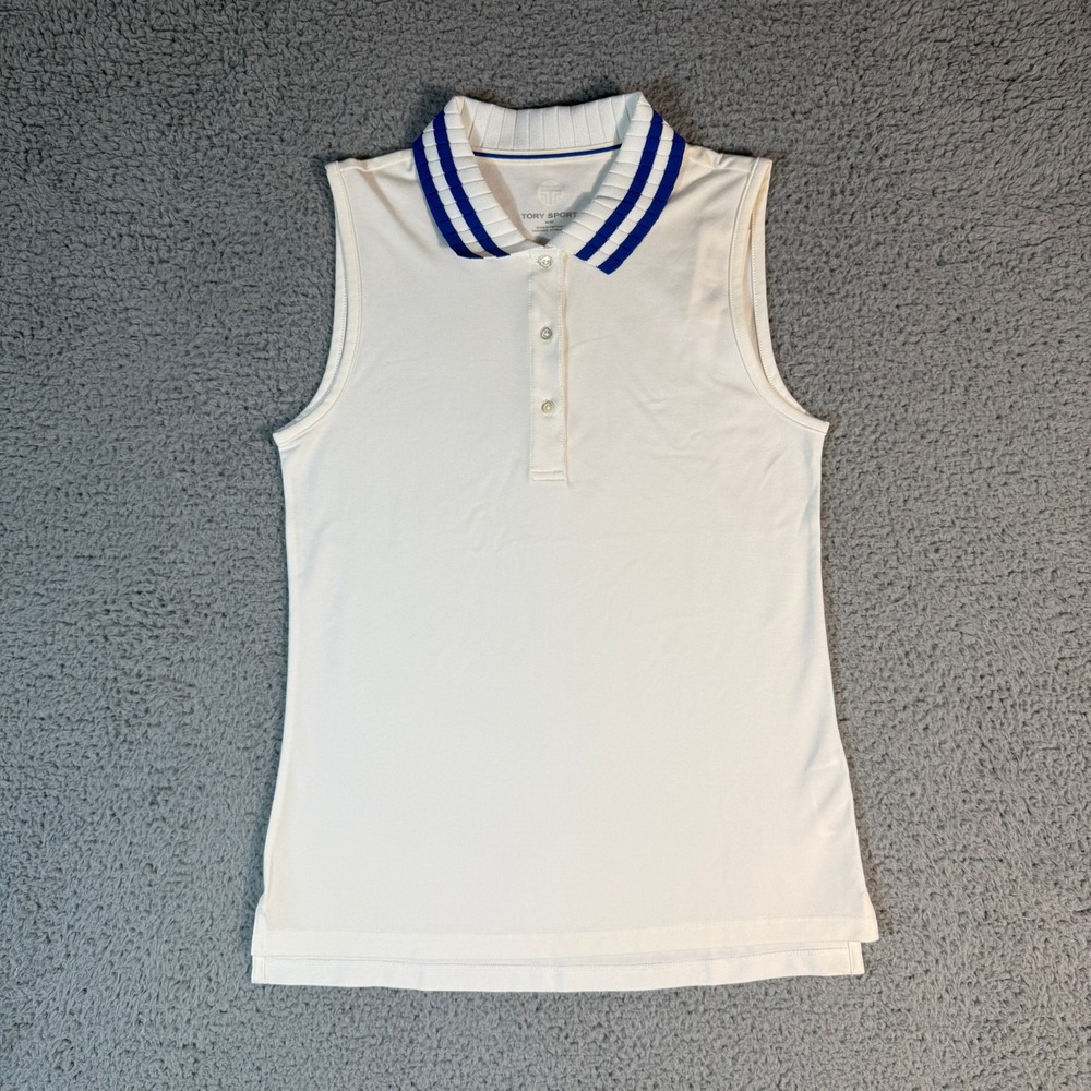 NWT Tory Burch Polo Medium Perfomance Pique Pleated-Collar Sleeveless White